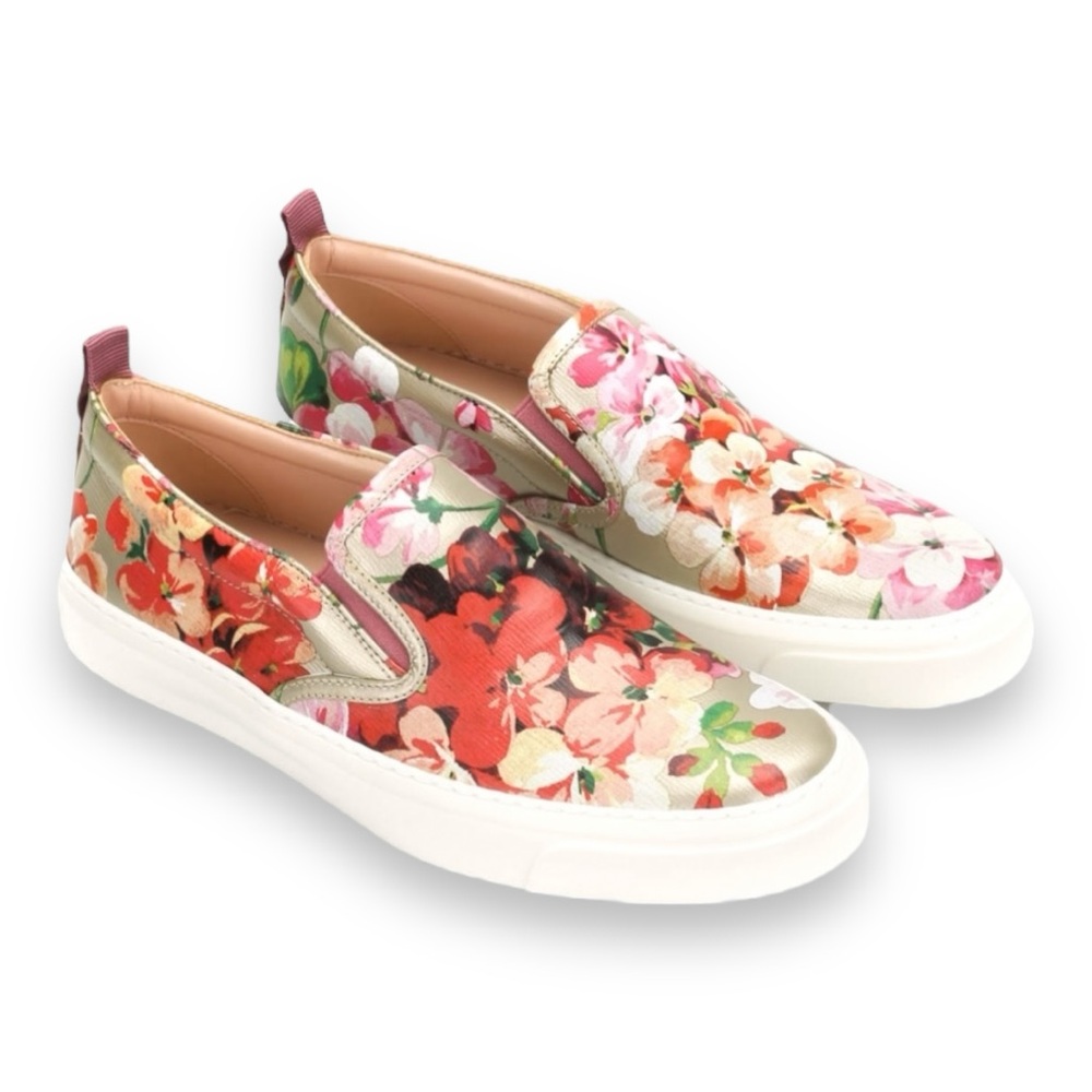 GUCCI DRY ROSE - GOLD & PINK FLORAL LEATHER SLIP ON SNEAKERS EU 36 (US 6.5)